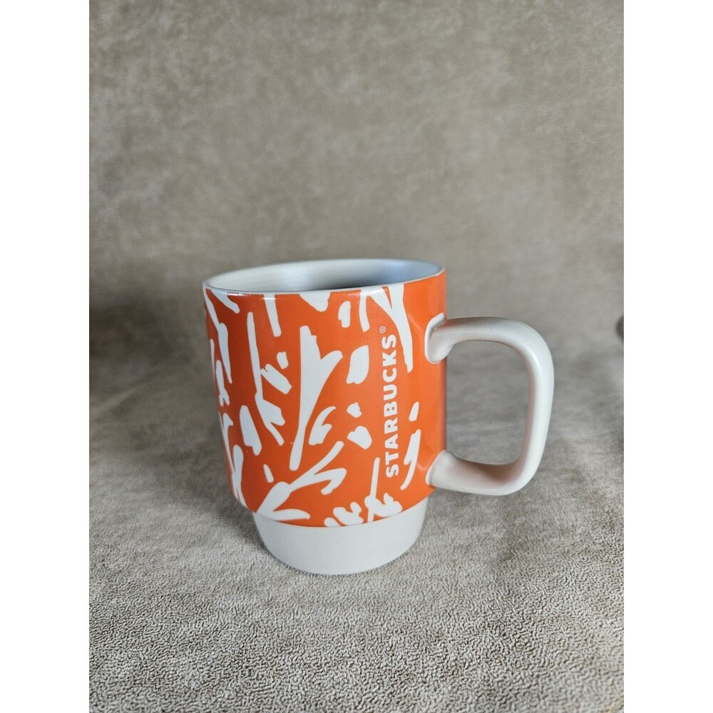 Starbucks Orange & White Spring 2016 12 Oz Floral Ceramic Coffee Mug Tea Cup